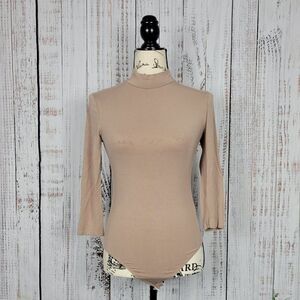 Publik Women's Caramel Brown Turtleneck 3/4 Sleeve Basic Bodysuit Blouse